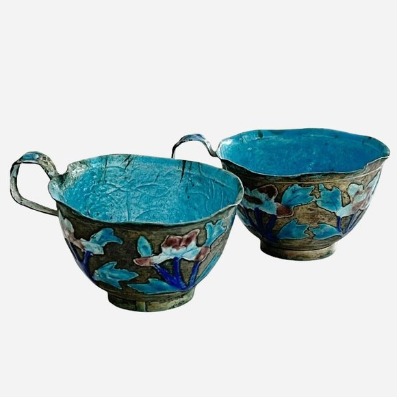 Unknown Other - Antique Silver Cloisonne Chinese Tea Cups Set Of 2